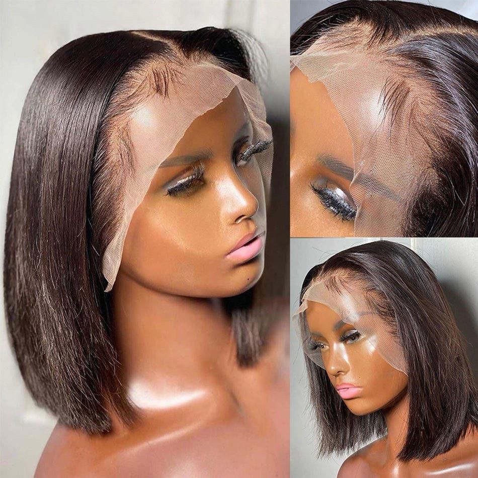Bob Wigs Straight 8 10 12 inches Real human hair transparent front 13*4 lace wig for female Natural black color